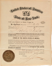 Certificado de ciudadananía de Tesla en Estados Unidos, en 1891. (Foto: Museo de Historia de Croacia)
