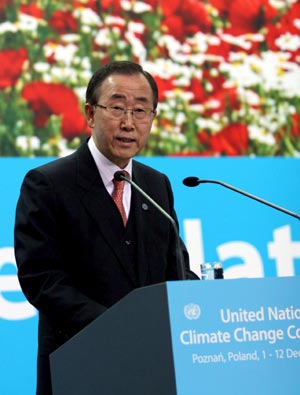 El secretario general de la ONU, Ban Ki-Moon, durante su discurso en la cumbre de Poznan. (Foto: EFE)