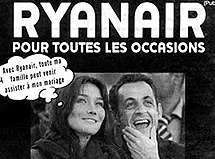 Bruni y Sarkozy, en un anuncio de Ryanair. Bruni y Sarkozy, en un anuncio de Ryanair.
