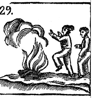 Antiguo grabado del salto de la hoguera. Fiestas de San Juan.