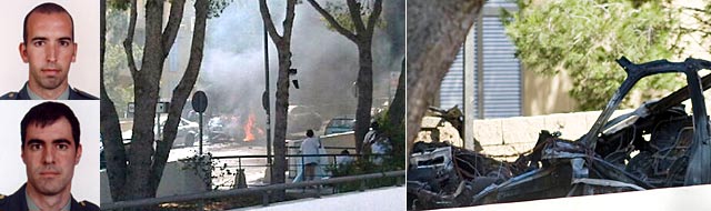 Diego Salva (arriba) y Carlos Sáenz (abajo). A la derecha, los restos del vehículo. | Fotos: Guardia Civil/Efe