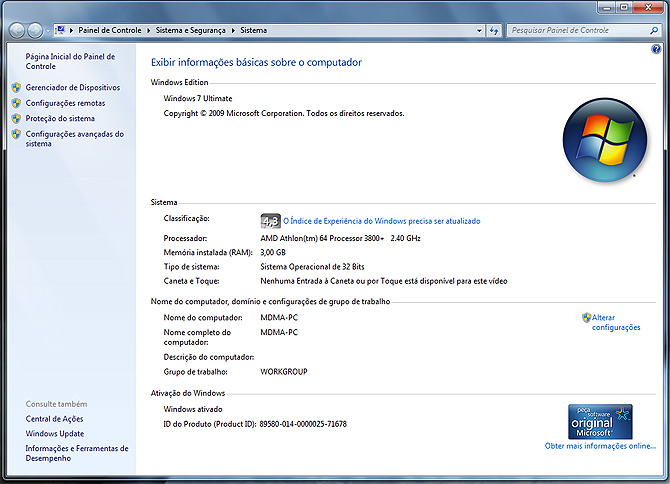 Información del Panel de Control en un Windows 7 'crackeado'.