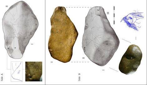 Piedra con el mapa y algunos de los dibujos que se obsservan. |Journal of Human Evolution