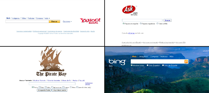 Páginas de búsqueda de Yahoo!, Ask, The Pirate Bay y Bing, todas similares a la de Google. Páginas de búsqueda de Yahoo!, Ask, The Pirate Bay y Bing, todas similares a la de Google.