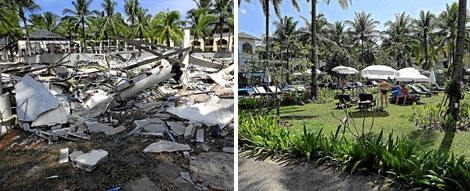 Un 'resort' tailandés, tres días después del tsunami de 2004 (izda.) y en la actalidad. | AFP