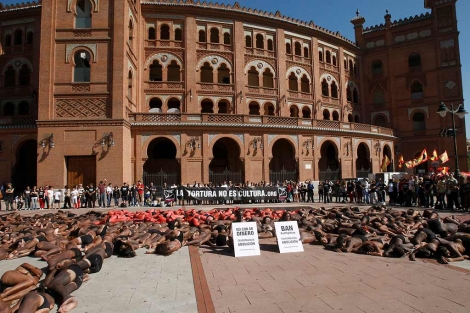 Imagen de los antitaurinos en los alrededores de Las ventas. | Foto: Efe