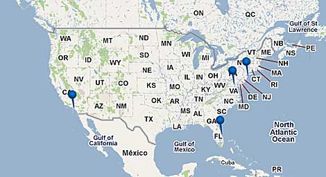 El mapa muestro los cuatro lugares a los que serán trasladados los transbordadores. | NASA