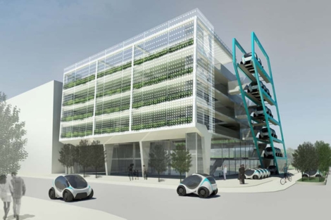 Los coches eléctricos se aparcarán en vertical junto a los edificios. | EMTECH