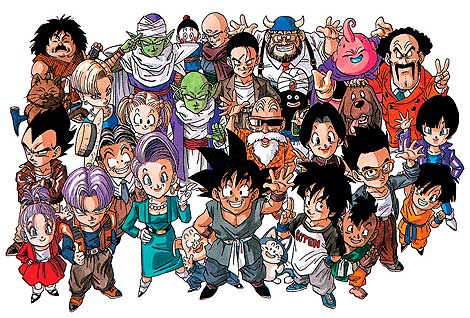 Son Goku, rodeado de algunos de los personajes de la serie.