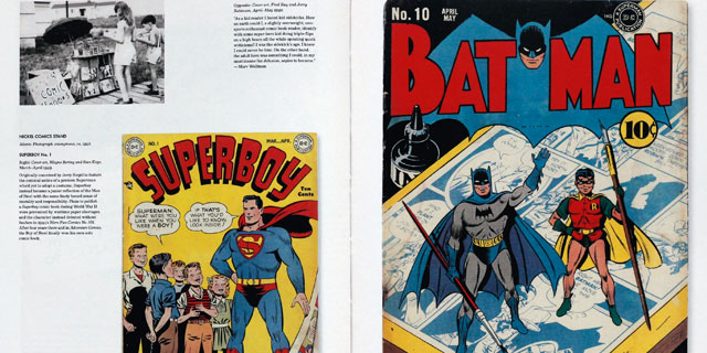 Doble página del libro 'The Golden Age of DC Comics', con ilustraciones de Superman y Batman. VEA MÁS IMÁGENES