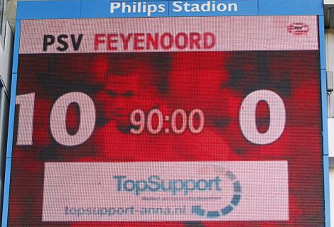 El videomacador del estadio Phillips de Eindhoven en el minuto 90. (Telegraaf) El videomacador del estadio Phillips de Eindhoven en el minuto 90. (Telegraaf)